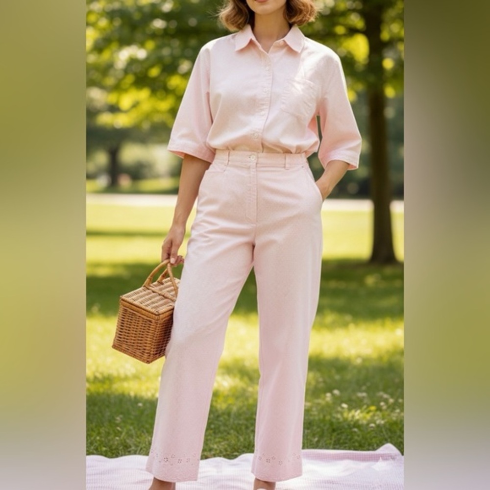 LIZ CLAIBORNE Vintage Pink Gingham Cotton Matching Set Embroidered Trim